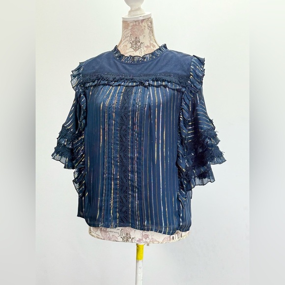 MISA LOS ANGELES Navy blue with gold stripe ruffle accent blouse size M - Picture 6 of 13